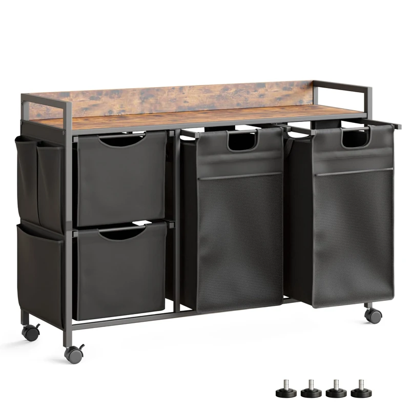 Mondeer Laundry Hamper with 4 Compartments, 150L Laundry Sorter with Wheels, Laundry Basket with Small Side Pockets Lid Pull-Out Removable Liners,for Bedroom Bathroom