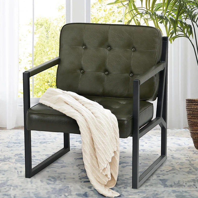 COLAMY Mid Century Modern Accent Chair Set of 1, Comfy Living Room Armchair with Metal Legs, Faux Leather Reception Arm Chair for Living Room Bedroom Reception Office, Green