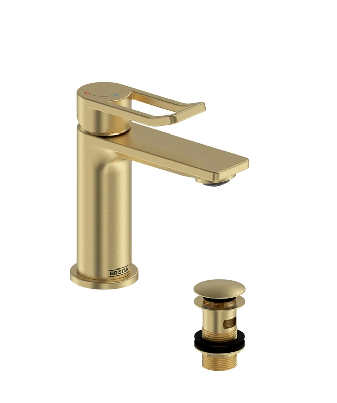 Bristan Saffron Eco Start Small Basin Mixer with Clicker Waste, Deck Mounted Bathroom Tap, Brushed Brass Finish