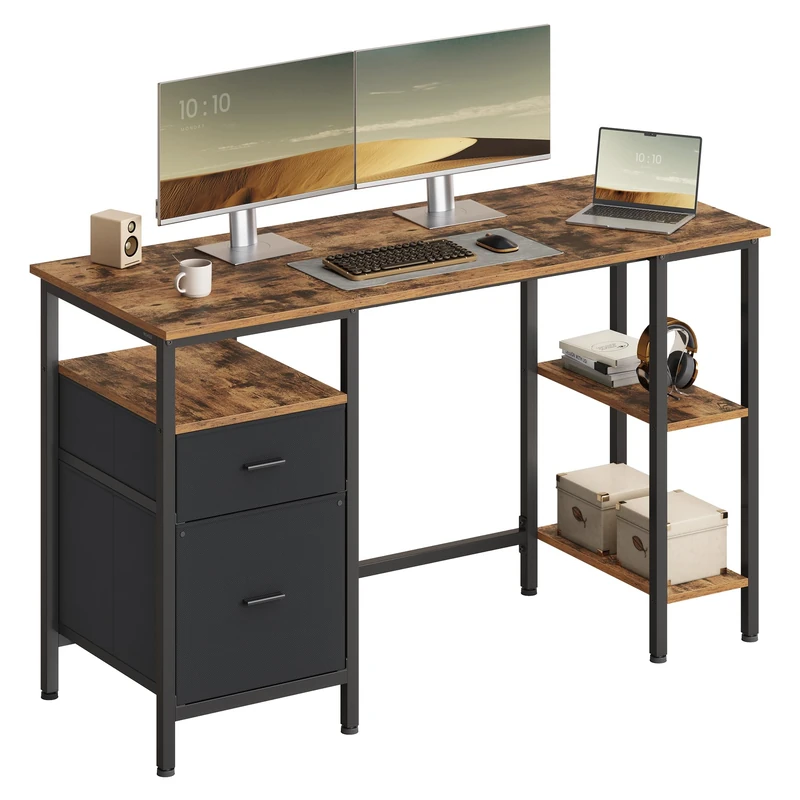VASAGLE Computer Desk, Work Desk with Storage, 3 Shelves, 2 Drawers, 127 x 50 x 76 cm, for Home Office, Living Room, Industrial Style, Rustic Brown and Matte Black LWD103KD01