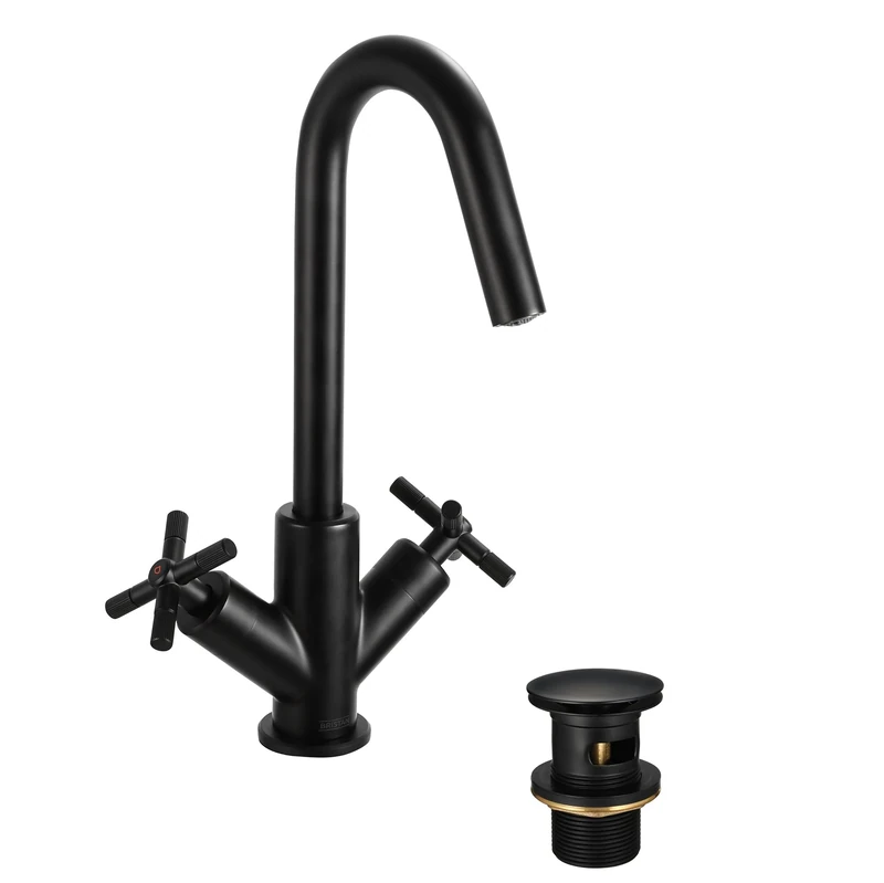 Bristan Cruzar Basin Mixer with Clicker Waste and Ceramic Cartridge, Deck Mounted Bathroom Tap, Black Finish