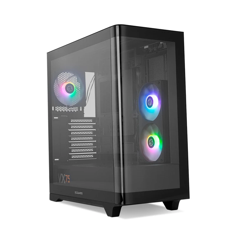 NOX Xtreme Products Hummer Ether - Semitor ATX | M-ATX | ITX, Curved Tempered Glass, Space for 9 Fans, 3 x 120mm ARGB PWM Included, USB-C & 3.0, Magnetic Top Filter, Black