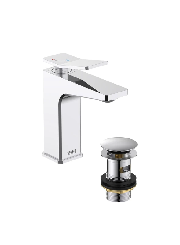 Bristan Tangram Eco Start Basin Mixer with Clicker Waste, Deck Mounted Bathroom Tap, Chrome Finish