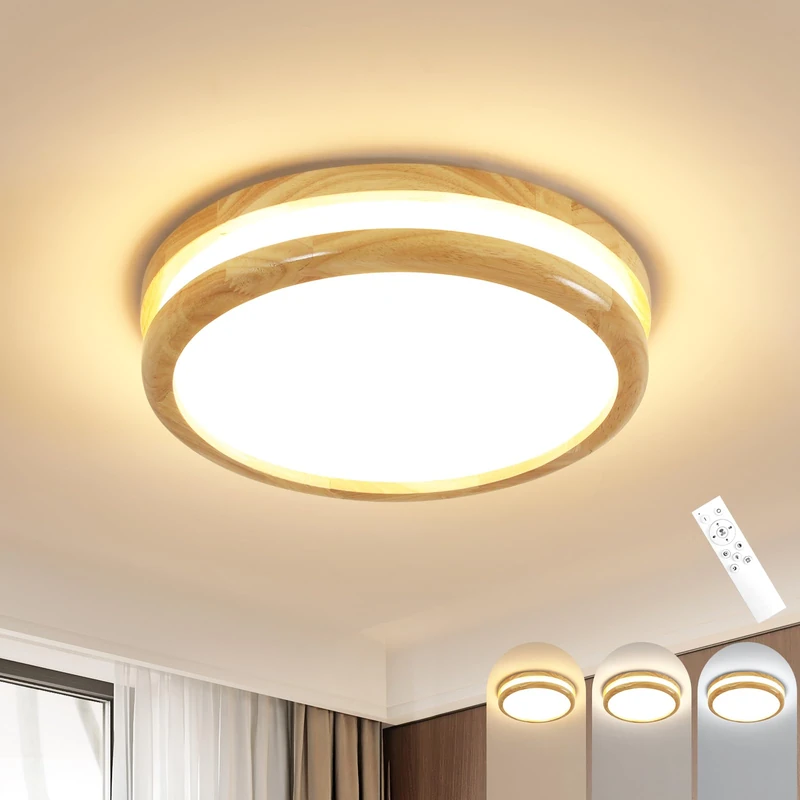 Goeco 32W Round Dimmable LED Ceiling Light - 30cm Wood Design