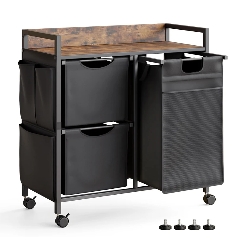 Mondeer Laundry Hamper with 3 Compartments, 100L Laundry Sorter with Wheels, Laundry Basket with Small Side Pockets Lid Pull-Out Removable Liners,for Bedroom Bathroom