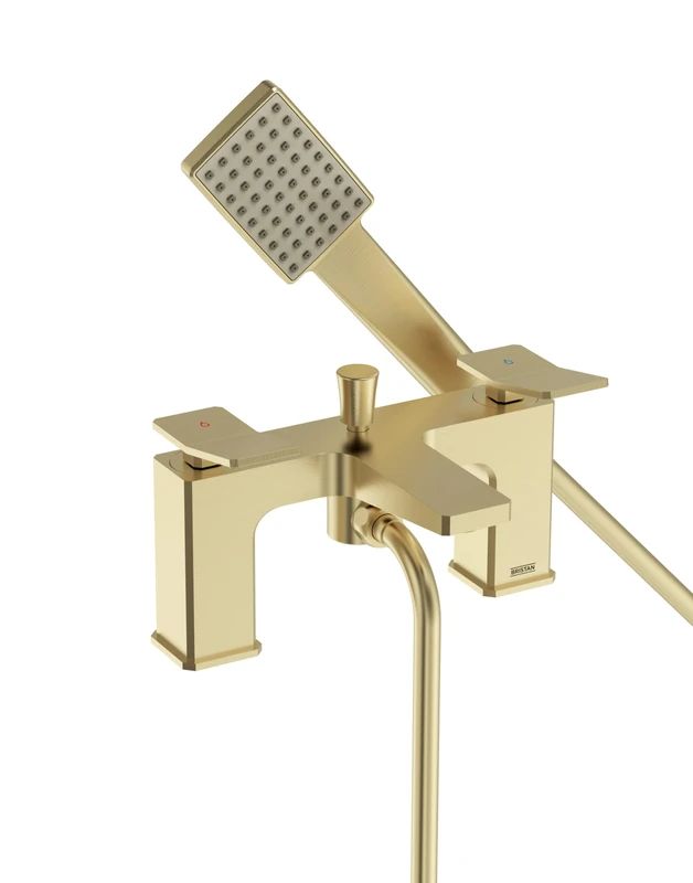 Bristan Tangram Bath Shower Mixer with Easy Clean Handset, Deck Mounted, Brushed Brass Finish