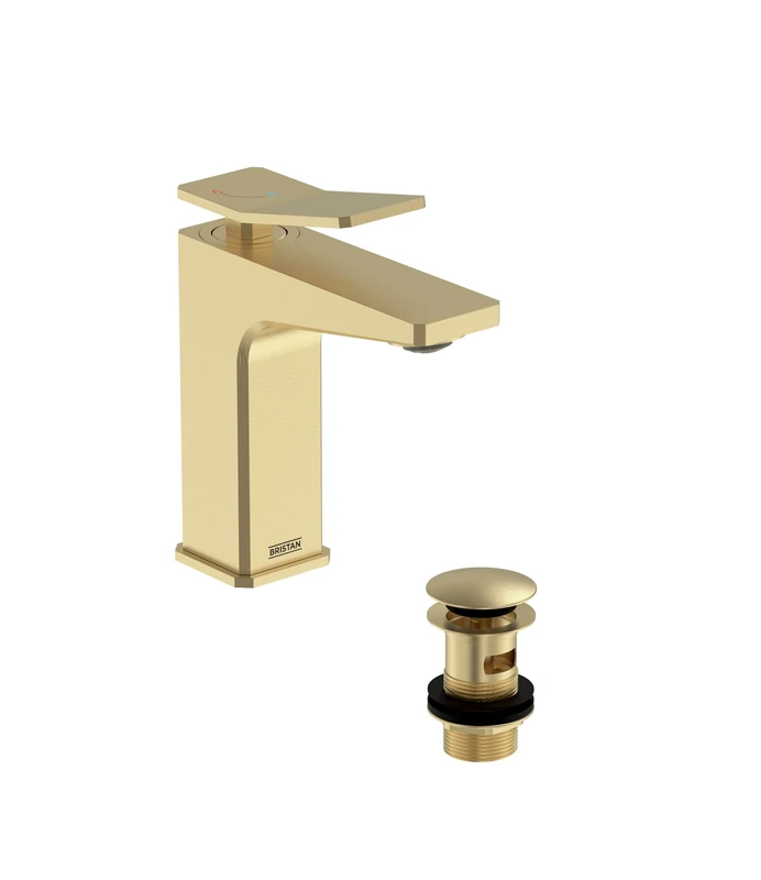 Bristan Tangram Eco Start Basin Mixer with Clicker Waste, Deck Mounted Bathroom Tap, Brushed Brass Finish