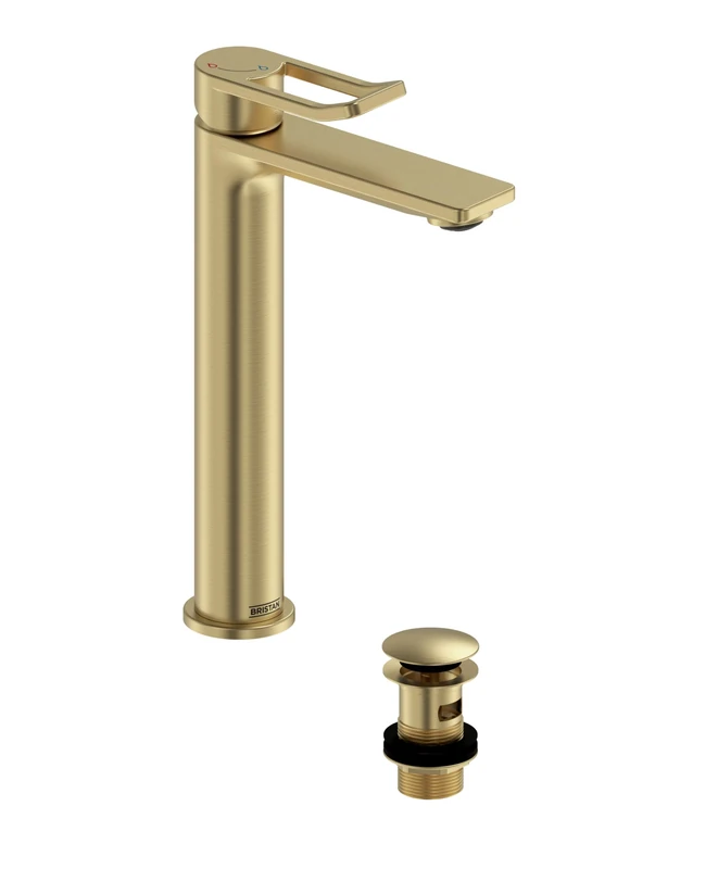 Bristan Saffron Eco Start Tall Basin Mixer with Clicker Waste, Deck Mounted Bathroom Tap, Brushed Brass Finish