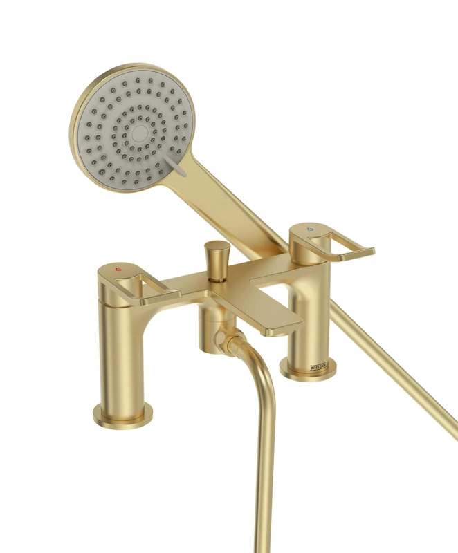 Bristan Saffron Bath Shower Mixer with Easy Clean Handset, Deck Mounted, Brushed Brass Finish