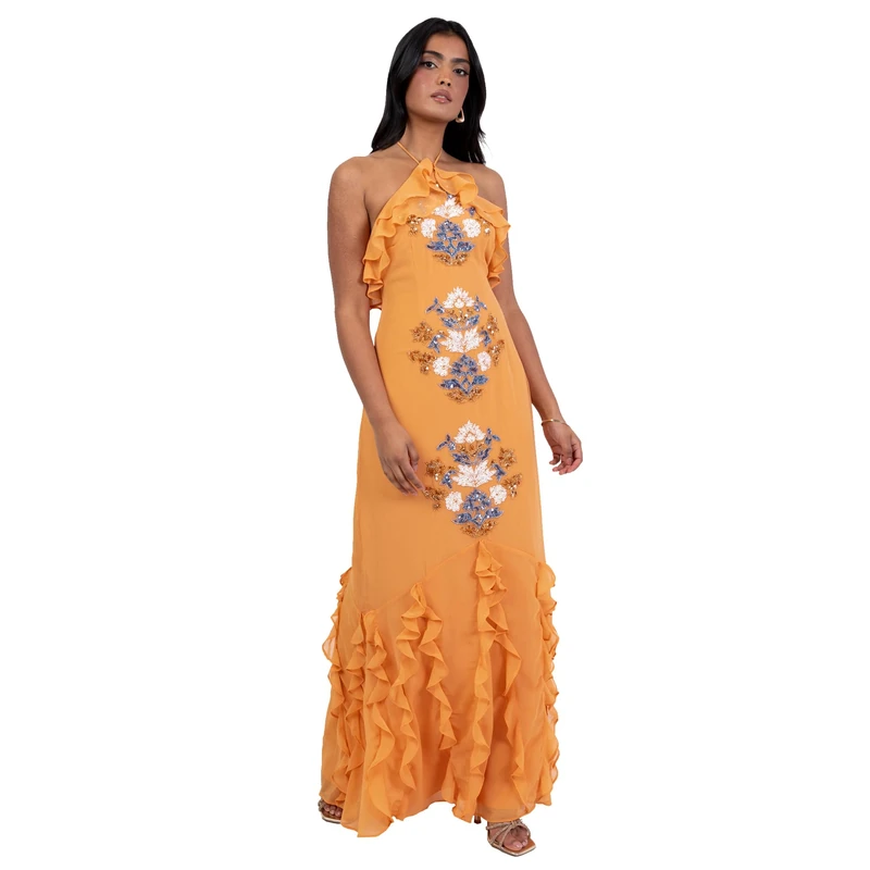 Maya Deluxe Women's Maxi Dress Ladies Halterneck Sleeveless Floral Sequin Embellished Waterfall Ruffle Wedding Guest Occasion Prom, Orange 14