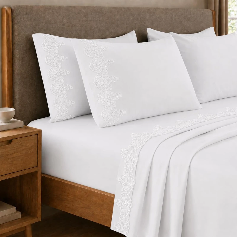 PETTI Artigiani Italiani - Single Percale Cotton Sheet Set with White Macrame Lace, 3-Piece Bedding Set, 100% Made in Italy