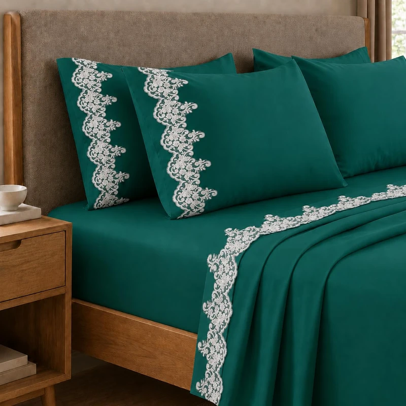 PETTI Artigiani Italiani - Single Bed Sheet Set Percale Cotton with Macrame Lace, Aqua Green, 3-Piece Bedding Set, 100% Made in Italy