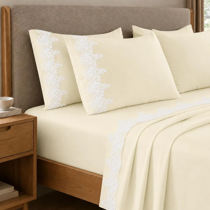 PETTI Artigiani Italiani - Cotton Percale Bed Sheet Set with Cream Macrame Lace, 3-Piece Bedding Set, 100% Made in Italy