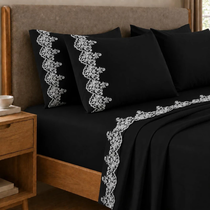 PETTI Artigiani Italiani - Single Bed Sheet Set Percale Cotton with Black Macrame Lace, 3-Piece Bedding Set, 100% Made in Italy