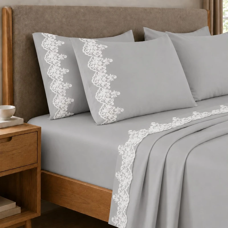 PETTI Artigiani Italiani - Percale Cotton Sheet Set with Grey Macrame Lace, 3-Piece Bedding Set, 100% Made in Italy