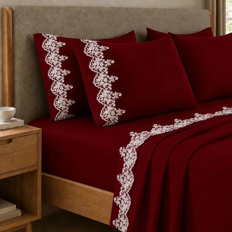 PETTI Artigiani Italiani - Set of 100% Cotton Percale Burgundy Macrame Lace, 3-Piece Bedding Set, 100% Made in Italy