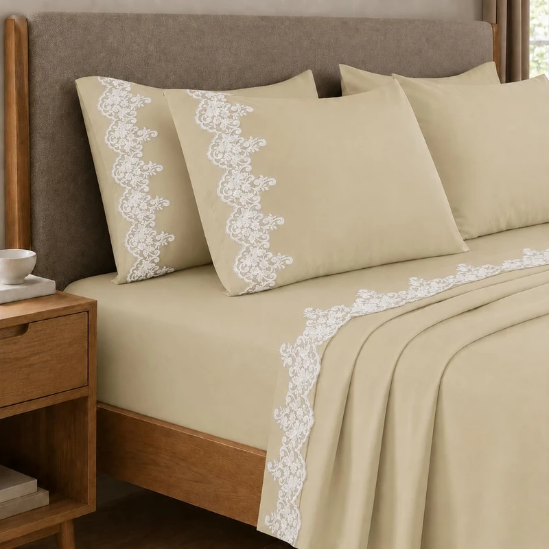 PETTI Artigiani Italiani - Single Percale Cotton Sheet Set with Beige Macrame Lace, 3-Piece Bedding Set, 100% Made in Italy