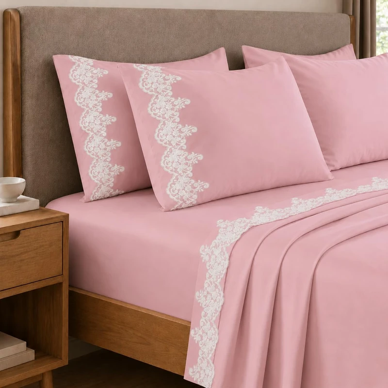 PETTI Artigiani Italiani - Single Bed Sheet Set Cotton Percale with Pink Macrame Lace, 3-Piece Bedding Set, 100% Made in Italy