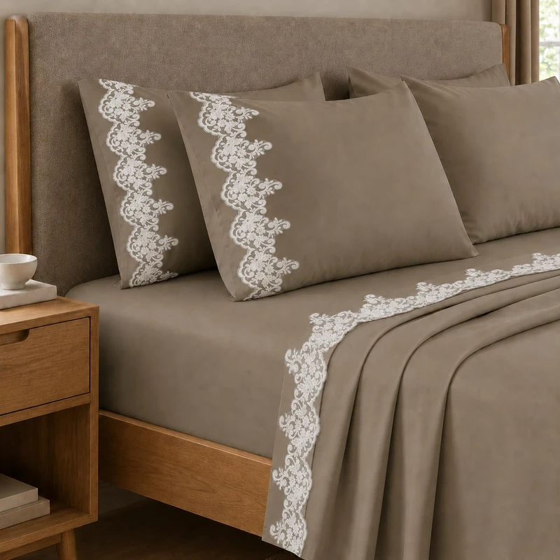 PETTI Artigiani Italiani - Single Percale Cotton Sheet Set with Lace Macrame Taupe, 3-Piece Bedding Set, 100% Made in Italy