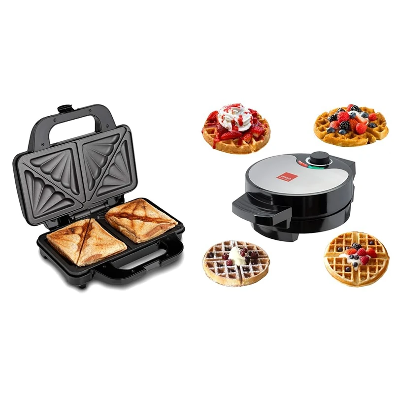 Global Gourmet Sandwich Toaster Toastie Maker, Deep Fill Non Stick Hot Plates & Global Gourmet FULL SIZE American Waffle Maker Iron Machine 700W, Electric, Stainless Steel Mould, Non Stick Coating