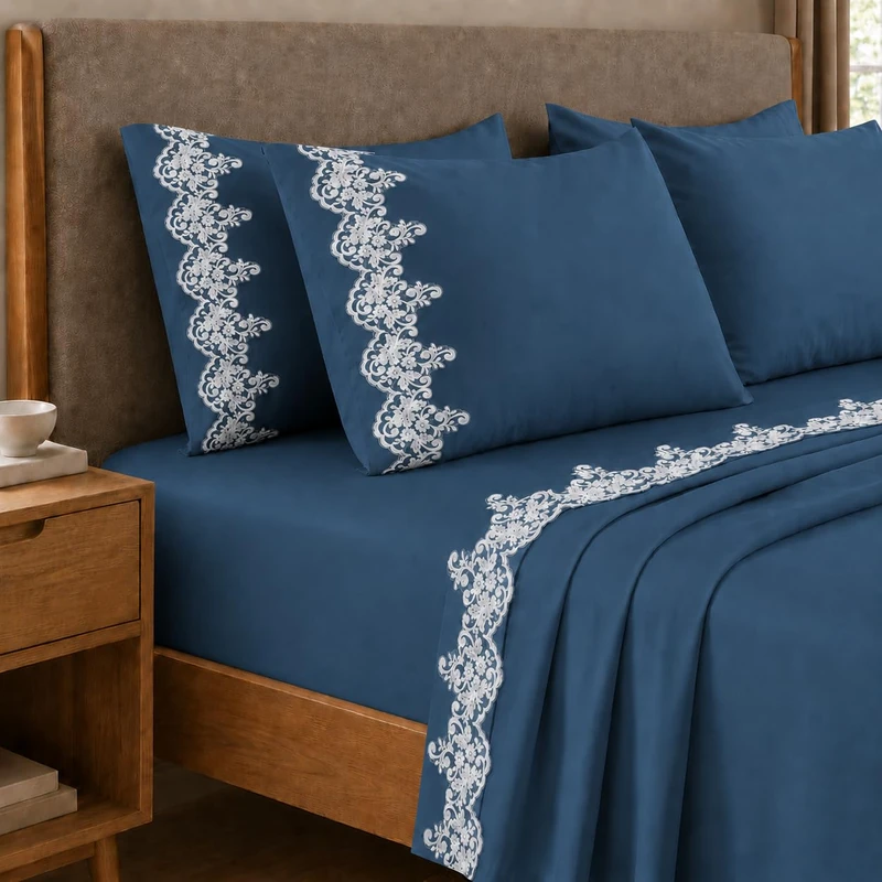 PETTI Artigiani Italiani - Single Percale Cotton Sheet Set with Navy Blue Macrame Lace, 3-Piece Bedding Set, 100% Made in Italy