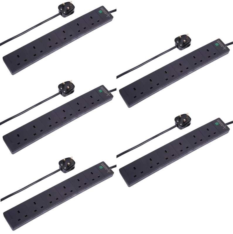 PRO ELEC 6 Gang Surge Protected Extension Lead, 5m, Black – 5 Pack, 13A UK Plug, BS 1363/A Compliant