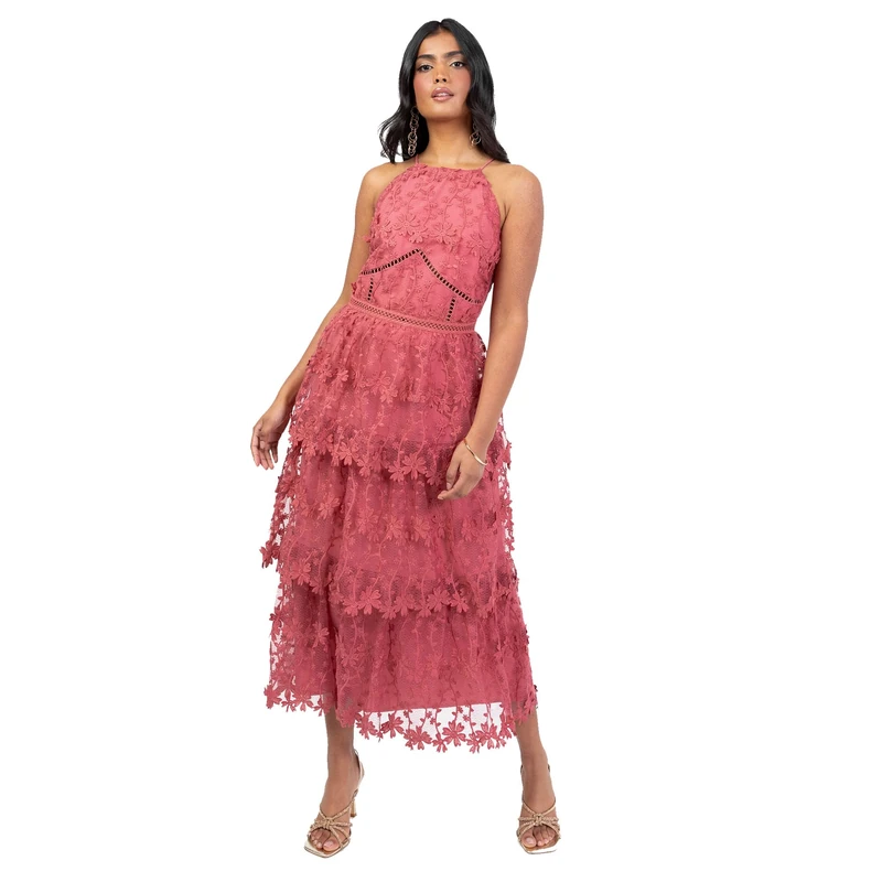 Maya Deluxe Women's Midi Dress Ladies Sleeveless Halterneck Floral 3D Lace Tiered Wedding Guest Occasion Garden Party Cocktail, Pink 16