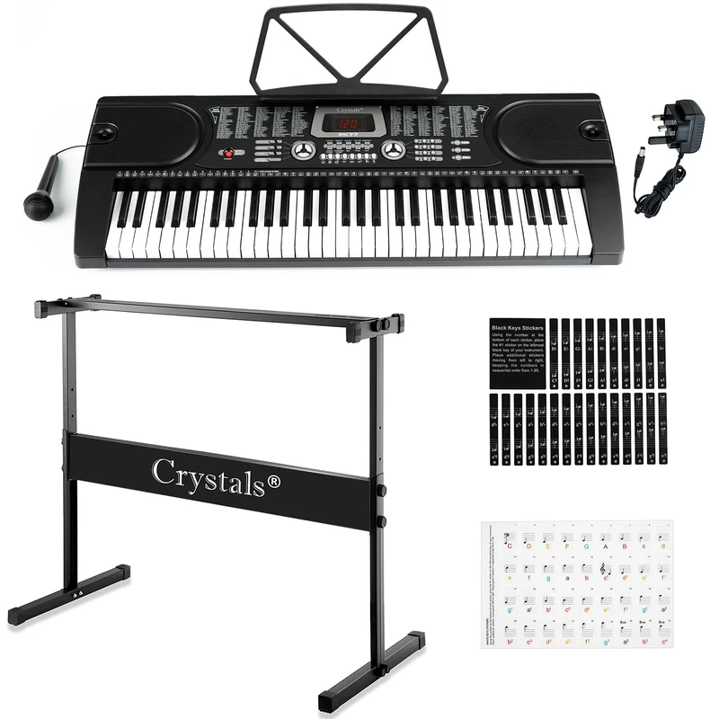 Crystals® 61 Keys Electronic Teaching Keyboard Digital Music Piano Instrument & Microphone with Keyboard Stand - Black (With H Shape Stand)