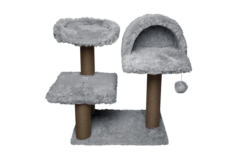 CAT HOUSE AND DOUBLE PLATFORM CAT SCRATCHER LONG PLUSH GREY