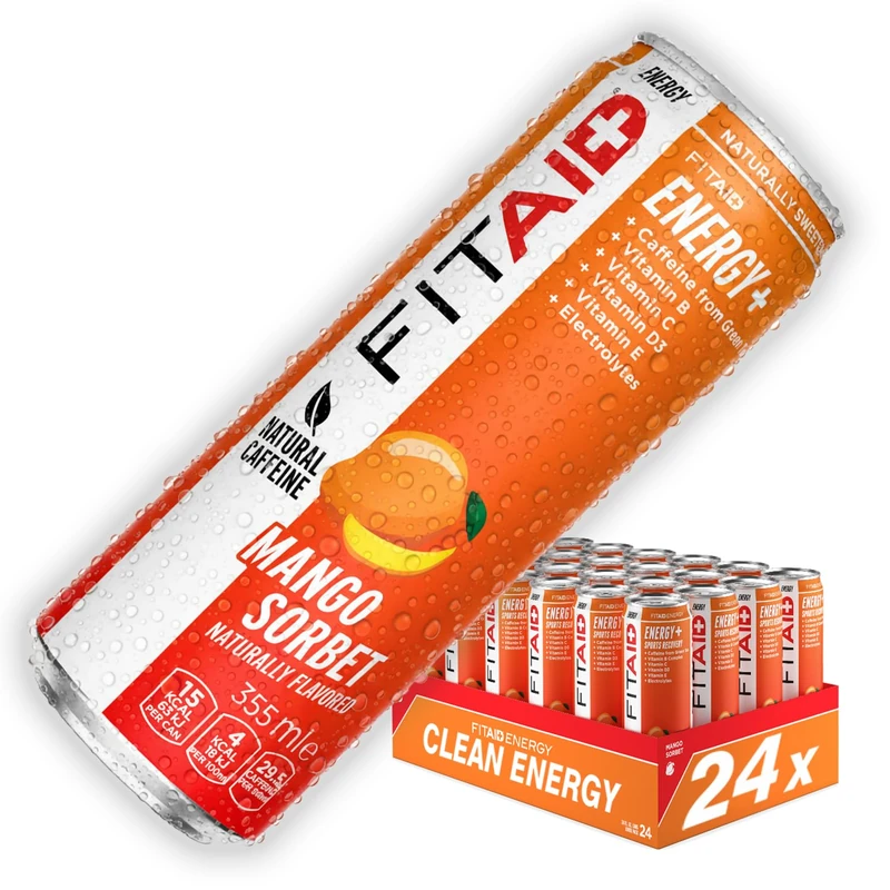 FITAID Mango Sorbet Clean Energy Drink & Hydration Helper - Ready to Drink Sports Drink with Caffeine from Green Tea; Electrolytes Magnesium BCAA Turmeric Vitamins Amino Acids Quercetin CoQ10 24x355ml