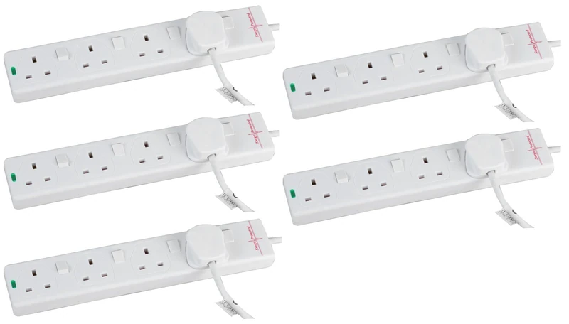 PRO ELEC 4 Gang Switched Surge Protected Extension Lead, 2m, White – 5 Pack, Individual Socket Switches, LED Indicator, BS 1363/A Compliant