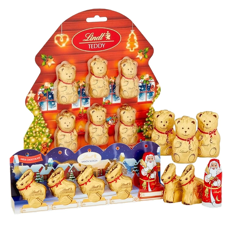 Lindt Chocolates Christmas Tree Decorations - Christmas Chocolate Bundle of Golden Teddy Bears 6 x 10g & Santa Sleigh 5 x 10g for Chocolate Hamper, Stocking Fillers, Chocolate Gifts for Kids