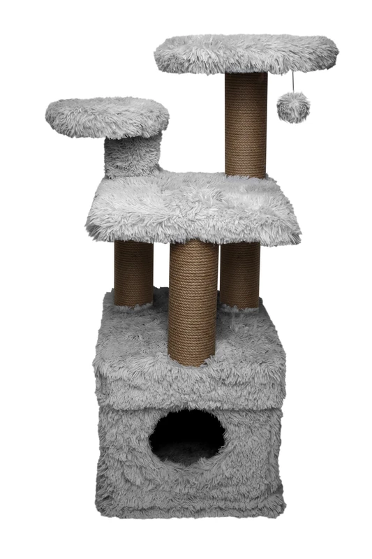 CAT HOUSE AND PLATFORM CAT SCRATCHER LONG PLUSH GREY