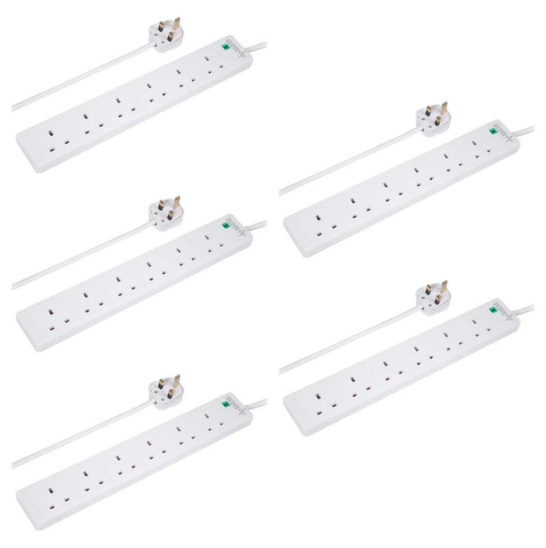PRO ELEC 6 Gang Surge Protected Mains Extension Lead, 5m, White – 5 Pack, 13A UK Plug, BS 1363/A Compliant