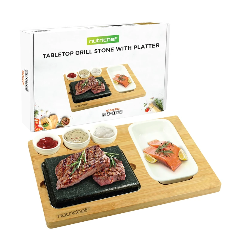NutriChef Steak Stone Grill, Hot Stone Steak Set, with Bamboo Platter, Stainless Steel Tray and Ceramic Sauce Bowls, Good for Indoor Outdoor Dining, Cooking, Parties and Gifts