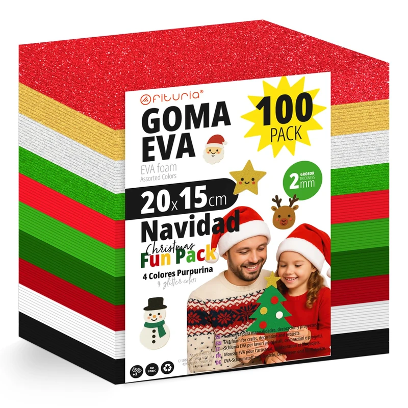 OFITURIA Pack of 100 EVA Rubber Sheets Christmas Colours 20 x 15 cm 10 Assorted Colours for School or Professional Use, EVA Rubber (Christmas Assortment)