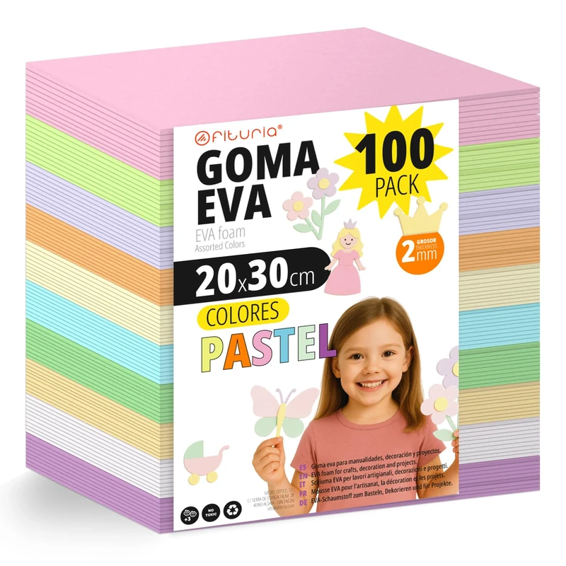 OFITURIA Pack of 100 Pastel EVA Rubber Sheets 20 x 30 cm 10 Assorted Colours for School or Professional Use, EVA Rubber (Pastel Assortment) - Image 1