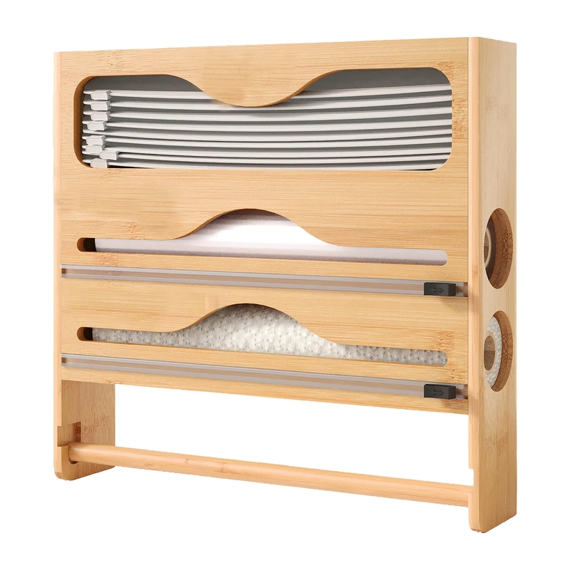 Relaxdays 4-in-1 Wall Roll Holder: Kitchen Roll, Cling Film, Alu Foil & Freezer Bags, Bamboo, HWD:33x34.5x7cm, Natural