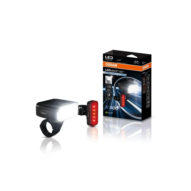 OSRAM LEDsBIKE EXPLORER X 500 SET, rechargeable bike light set - front and rear, off-road, three lighting levels and flashing light, 500 Lumen, garmin mount compatible