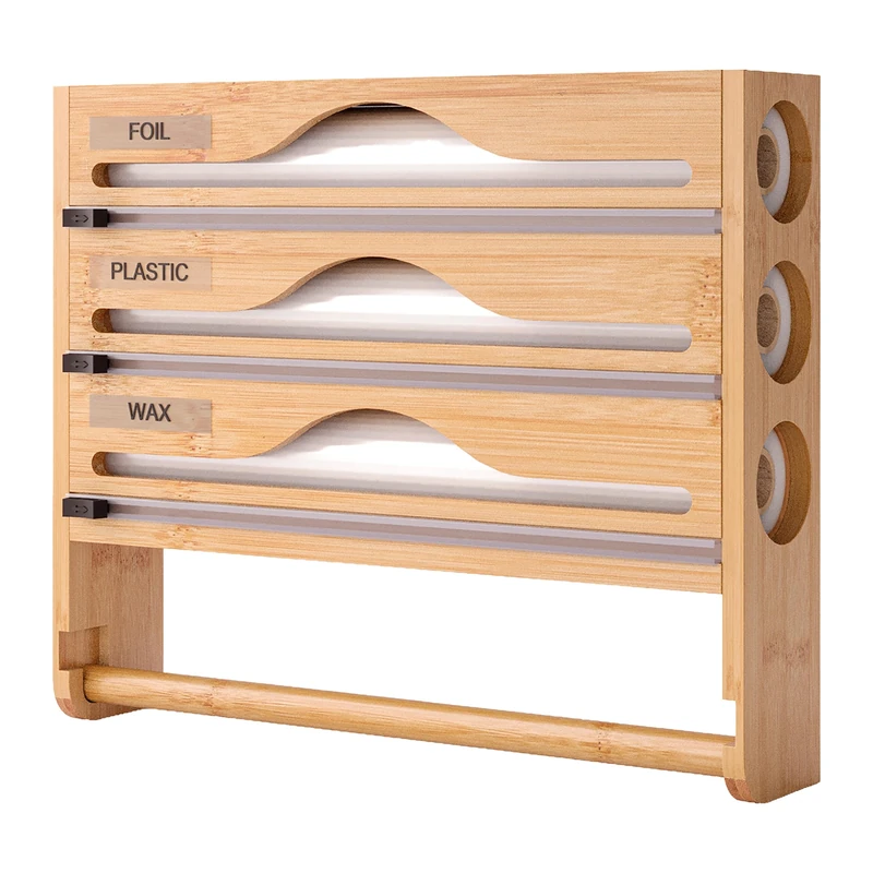 Relaxdays 4-in-1 Wall-Mount Roll Holder for Kitchen Roll Cling Film, Foil & Baking Paper – Bamboo, 30×35.5×7 cm, Natural