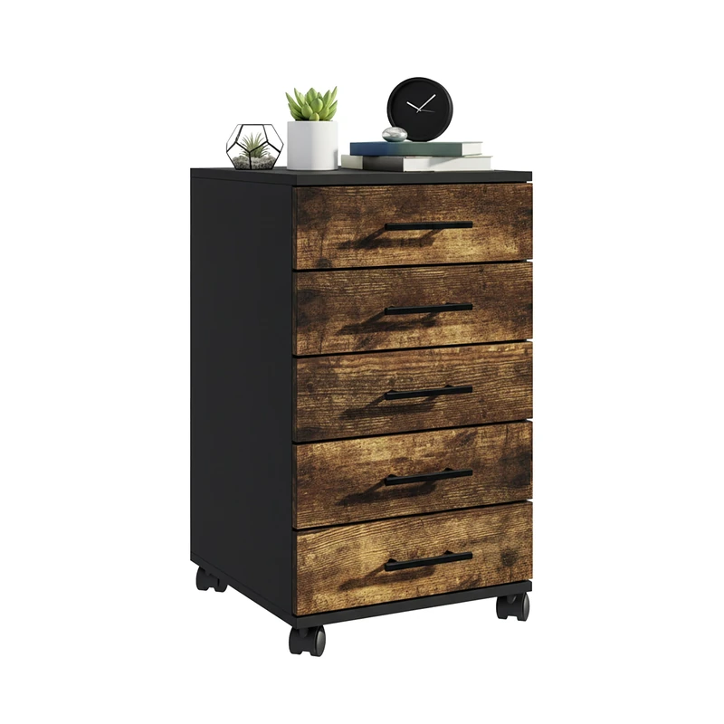 Relaxdays mobile filing cabinet, 5 drawers, HxWxD: 69 x 40 x 40 cm, office storage on wheels, black/brown