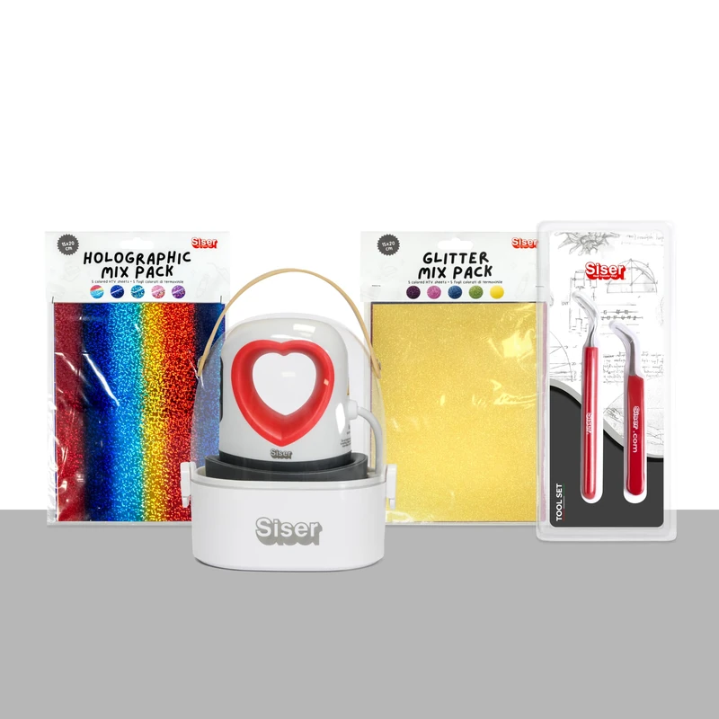 Siser Baby Press Special Effects Pack - Includes Mini Hot Press, 10 Heat Transfer Sheets, Squeegee and Tweezers, Ideal for Fabric and Card Craft Projects