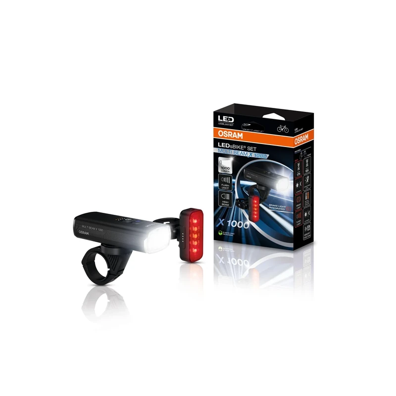 OSRAM LEDsBIKE MULTI BEAM X 1000 SET, rechargeable bike light set - front and rear, off-road, with brake light and high beam, multiple lighting modes and flashing light, up to 1000 Lumen