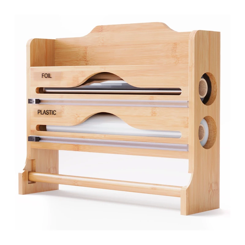 Relaxdays Wall-mounted 3 in 1 Roll Holder for Kitchen Paper, Foil, Cling Film, Bamboo, HxWxD: 27 x 35 x 9 cm, Natural