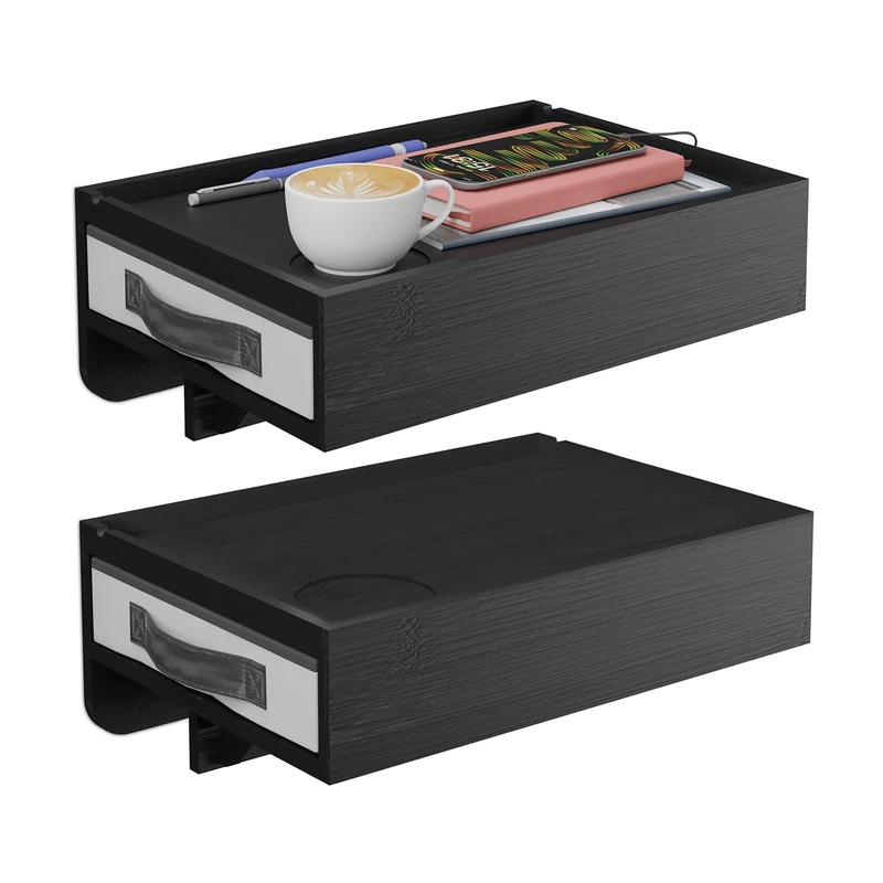 Relaxdays Clamp-On Bedside Table Set of 2, Bamboo, Drawer, HxWxD: 14×37×26.5 cm, Hanging Shelf, Black
