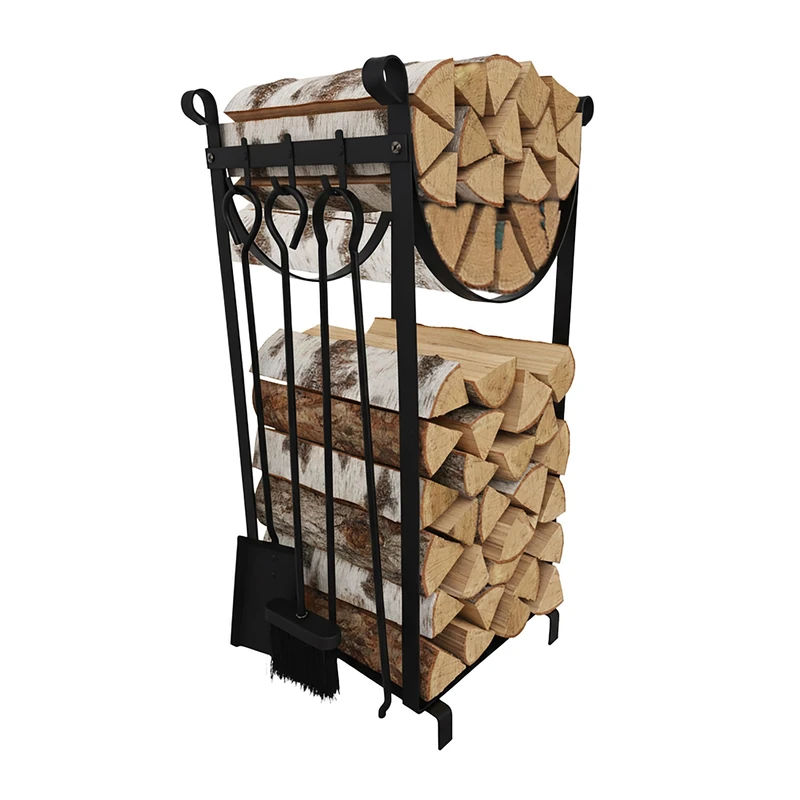 Relaxdays Firewood Storage Rack with Fireplace Tools, 2-Tier, Fire Tongs, Brush, Shovel, Iron, Black