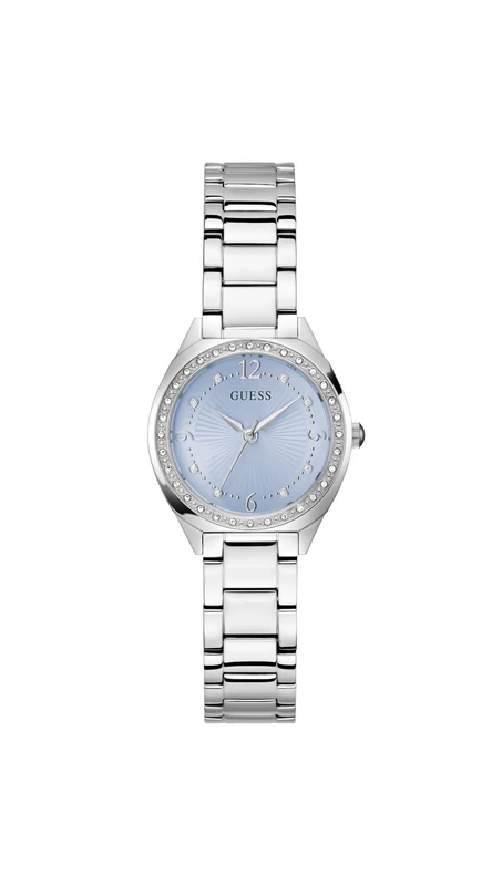 Guess Ladies Watch GW0767L6 Charlotte 30mm Stainless Steel Silver PVD Blue Dial Cubic Zirconia Quartz Mineral Glass 1ATM Link Bracelet