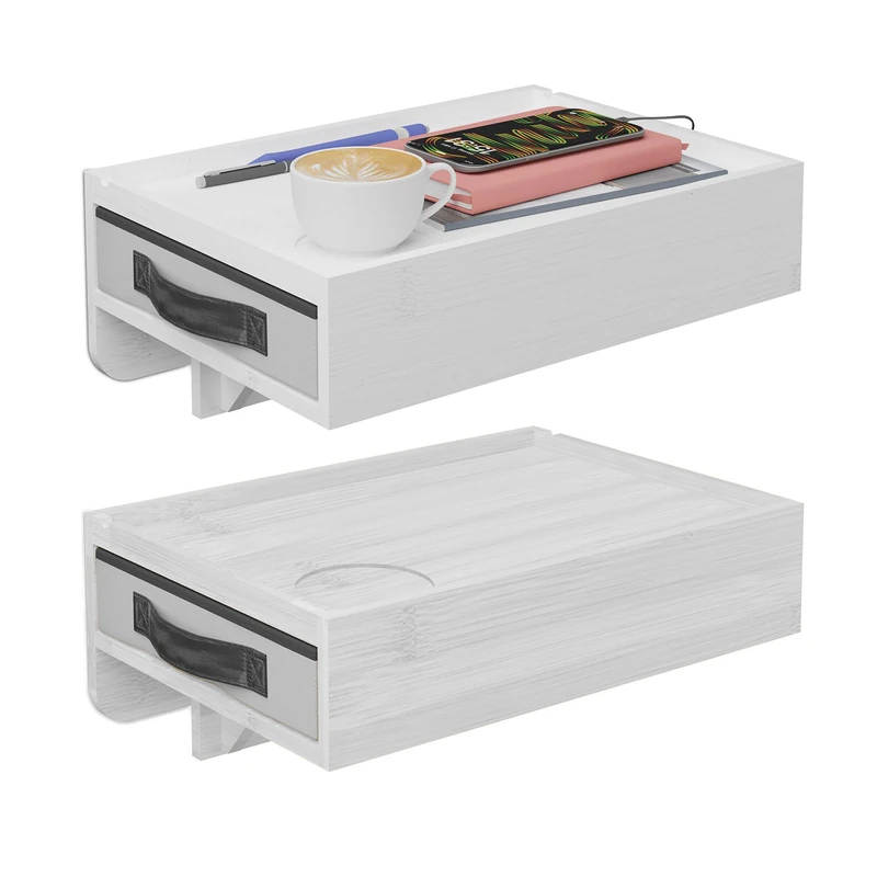 Relaxdays clip-on bedside table, set of 2, bamboo, HxWxD: 14 x 37 x 26.5 cm, drawer, hanging bedside shelf, white