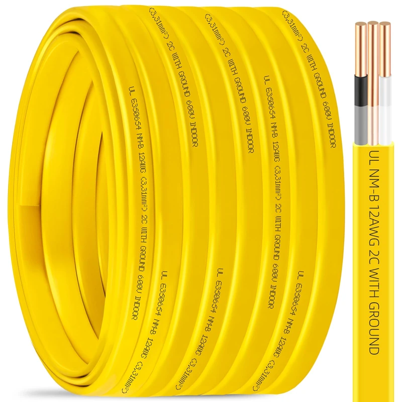 NM-B 12/2 Wire with Ground,100FT 12 Gauge 2 Conductors Electrical Wire,12 AWG Copper Nonmetallic Sheathed 12/2 with Ground NM-B Cable,Residential Solid Indoor Wiring for Branch Circuit Switch,Outlet