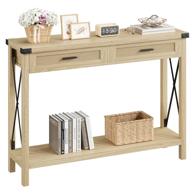 Garvee Farmhouse Style Entrance Console Table with Drawers in Rattan Grey Solid Wood Ideal for Living Room, Hallway or Hallway Side Table 109cm with Storage - Image 1